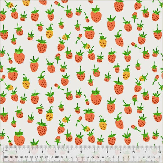 Heather Ross Strawberries Fabric White | Studio Edit for Windham Fabrics | Cute Strawberry Cotton Quilt Fabric by the Yard