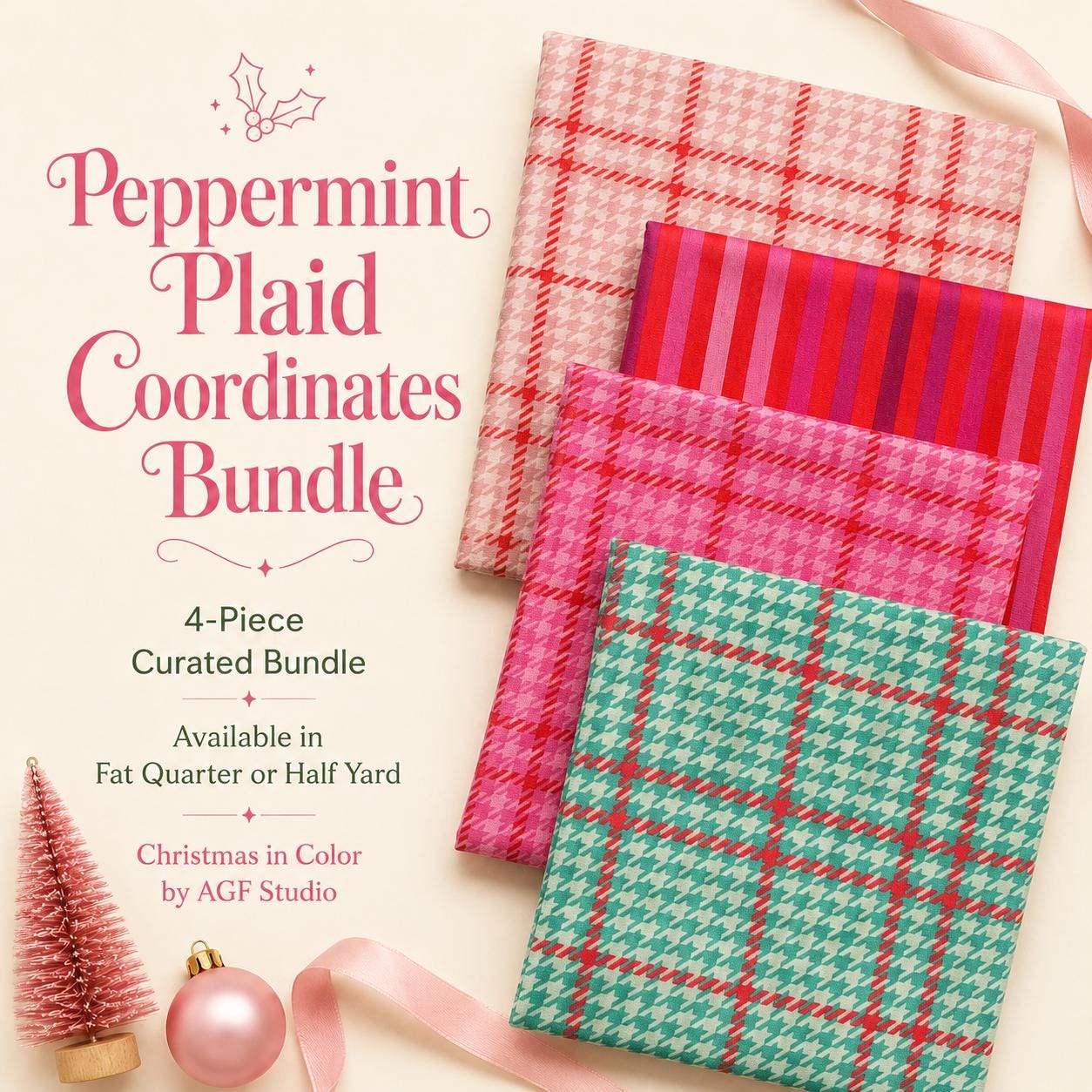 Peppermint Plaid Christmas Fabric Bundle, Christmas in Color AGF Studio, Art Gallery Fabrics, 4 Piece Coordinate Bundle