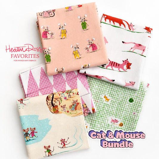 Heather Ross Cat & Mouse Bundle | 5 Fat Quarters or Half Yards | Whimsical Cats and Mice Fabric | Windham Fabrics