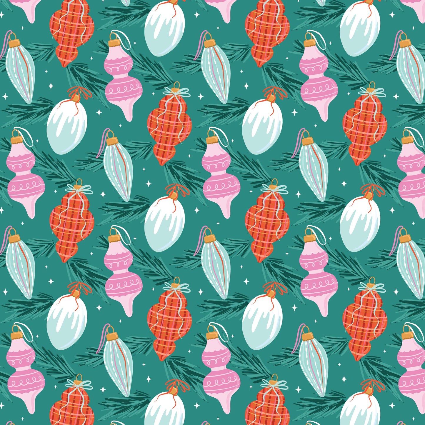 Brilliant Baubles Turquoise Christmas Fabric | Whim and Joy Cloud9 Fabrics | Organic Cotton Retro Ornament Quilting Fabric