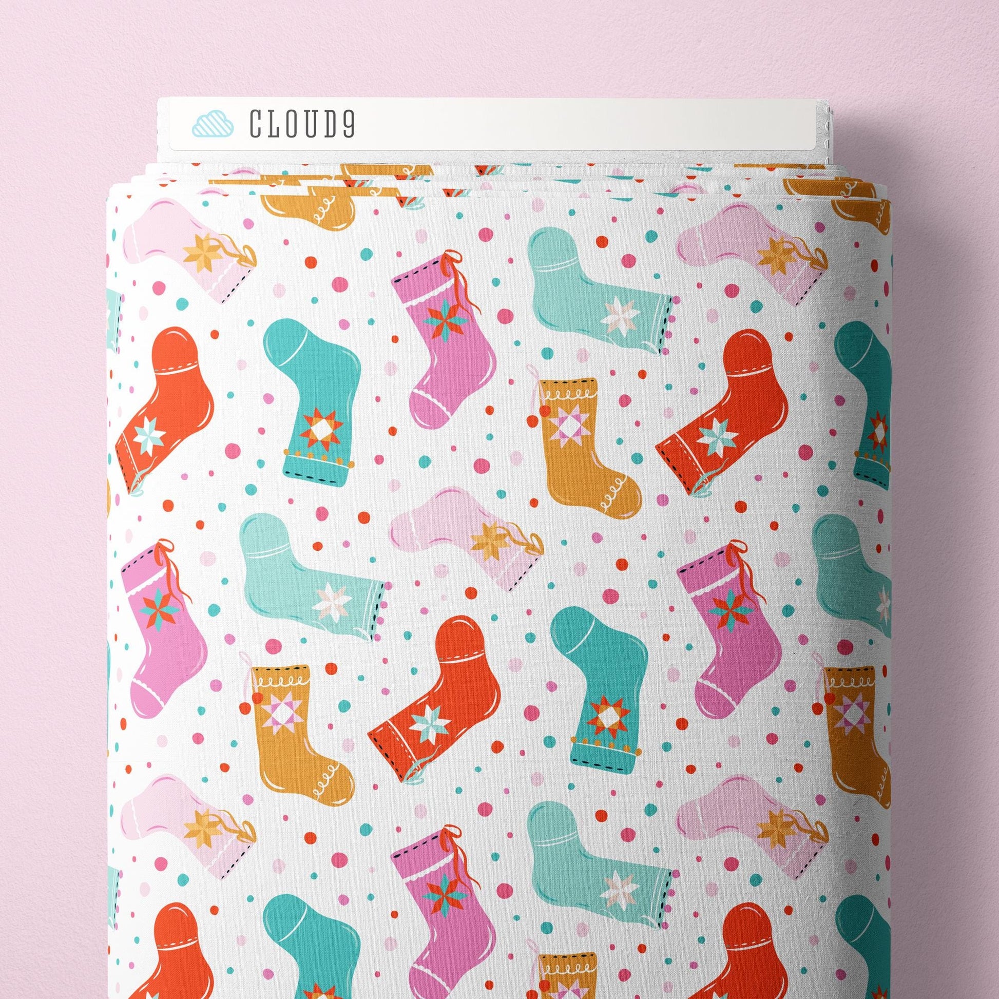 Stitched with Glee White Christmas Fabric | Whim and Joy Cloud9 Fabrics | Organic Cotton Colorful Stocking Quilting Fabric