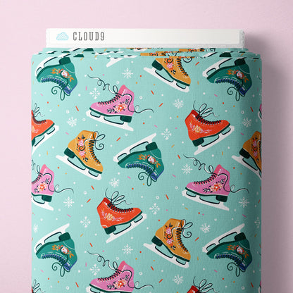 Skate to Be Turquoise Christmas Fabric | Whim and Joy Cloud9 Fabrics | Organic Cotton Floral Ice Skate Quilting Fabric