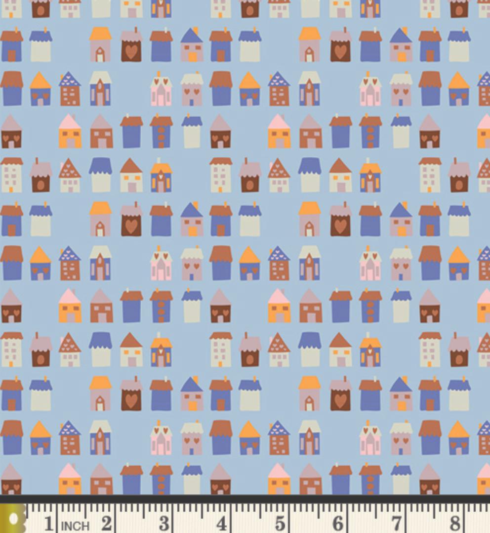 Hearthside Lane Fabric | Frost & Fir by Sewcial Bee Collective | Blue Winter House Cotton | Art Gallery Fabrics SBC-FF-3142