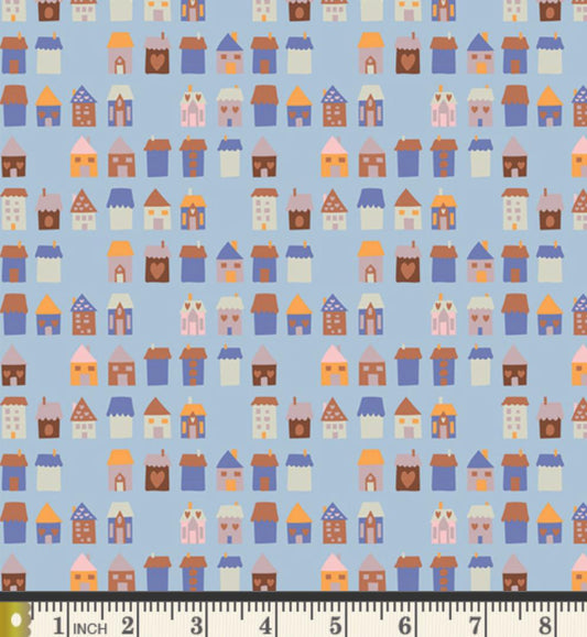 Hearthside Lane Fabric | Frost & Fir by Sewcial Bee Collective | Blue Winter House Cotton | Art Gallery Fabrics SBC-FF-3142