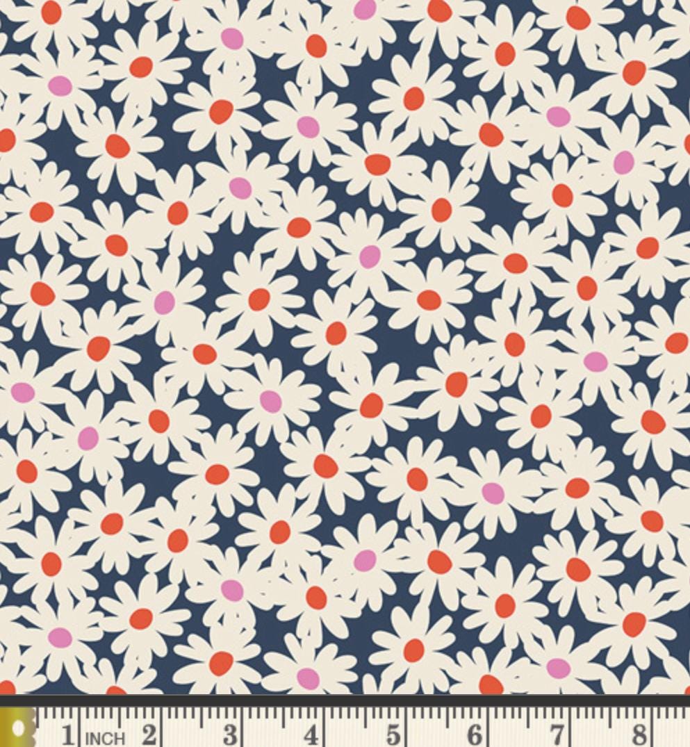 Curb Appeal Fabric by Dana Willard | Cinnamon Toast CMT-62909 | Navy Daisy Floral Cotton | Art Gallery Fabrics
