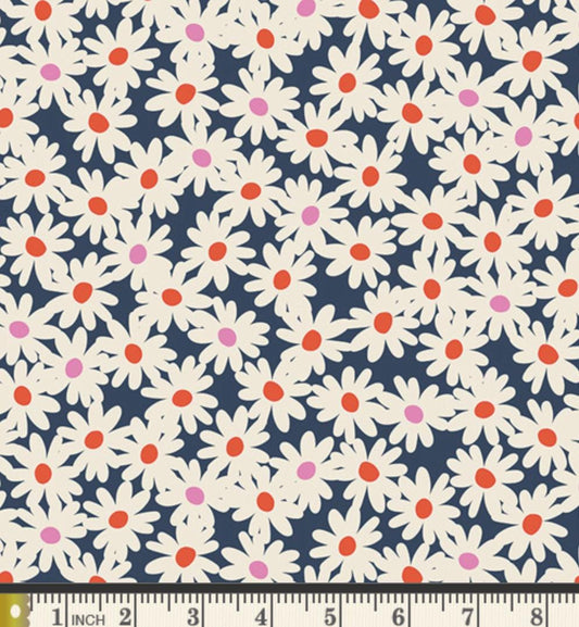 Curb Appeal Fabric by Dana Willard | Cinnamon Toast CMT-62909 | Navy Daisy Floral Cotton | Art Gallery Fabrics