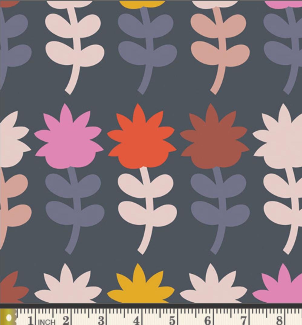 Dutch Bloom Sugar Fabric by Dana Willard | Cinnamon Toast CMT-62911 | Charcoal Retro Floral Cotton | Art Gallery Fabrics