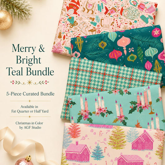 Merry & Bright Teal Christmas Fabric Bundle, Christmas in Color AGF Studio, Art Gallery Fabrics, 5 Piece Bundle