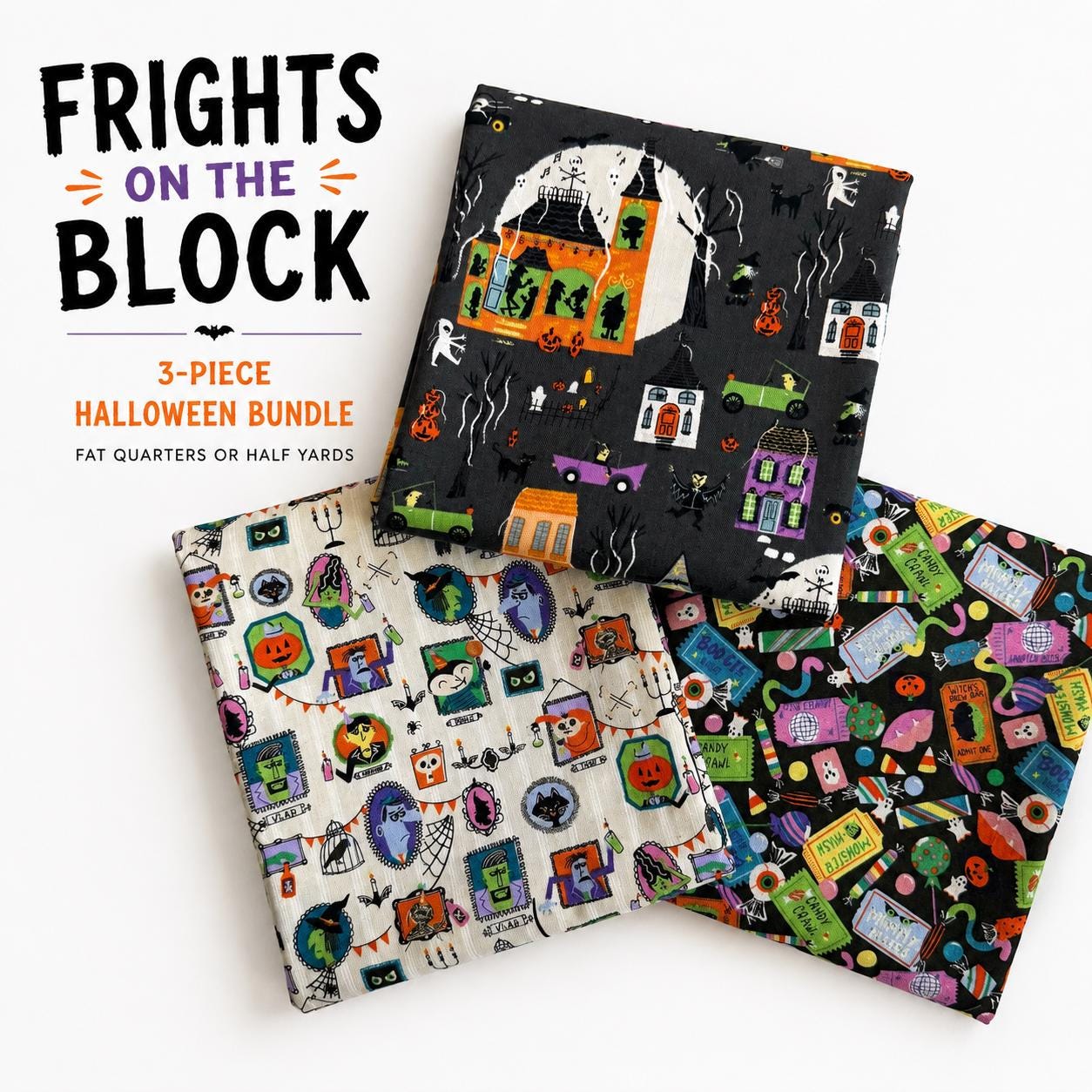 Frights on the Block Halloween Fabric Bundle | Monster Block Party by Meadow Street | 3-Piece Cotton + Steel | FQ or Half Yard