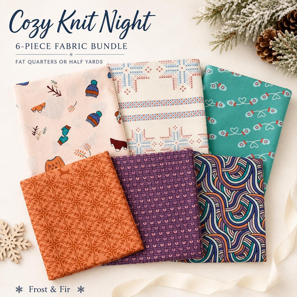 Cozy Knit Night Fabric Bundle, Frost & Fir, 6 Piece Fat Quarter or Half Yard Set, Knitting Fabric, Art Gallery Fabrics