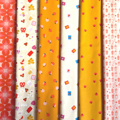 Peach Soda Picnic Fabric Bundle, 6 Piece Fat Quarter or Half Yard Set, Cinnamon Toast and Persimmon, Retro Fruit Cotton