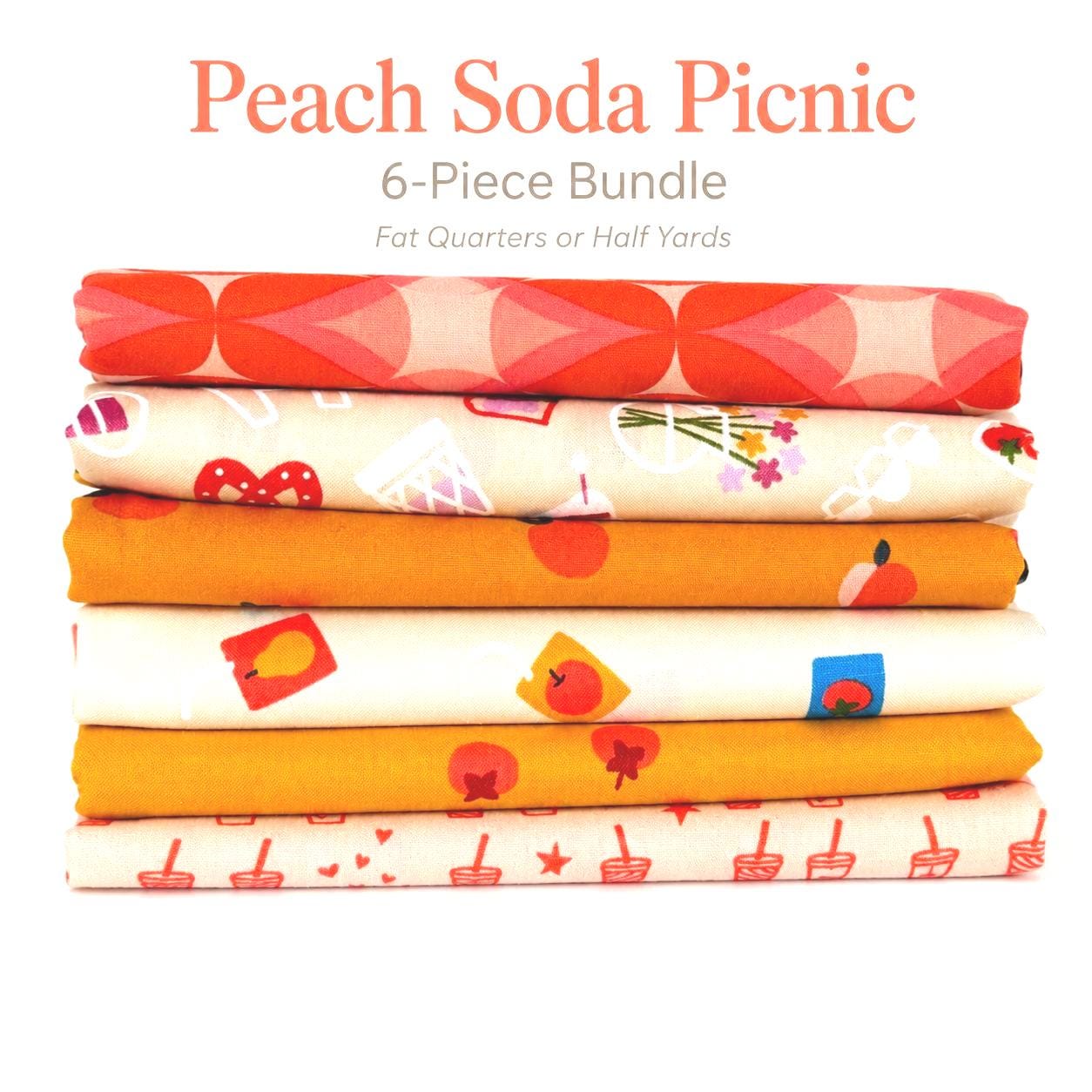 Peach Soda Picnic Fabric Bundle, 6 Piece Fat Quarter or Half Yard Set, Cinnamon Toast and Persimmon, Retro Fruit Cotton