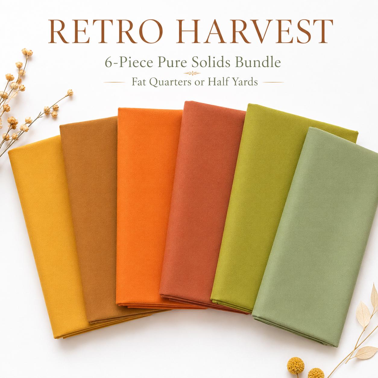 Retro Harvest Pure Solids Bundle by Art Gallery Fabrics | 6 Piece Mustard Orange Olive Fabric | 70s Boho Earth Tone Quilting Cotton