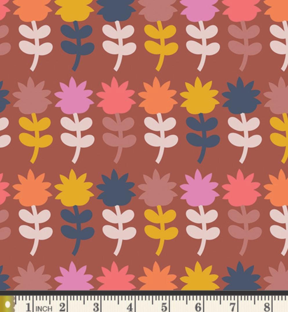Mini Dutch Bloom Cinnamon Fabric by Dana Willard | Cinnamon Toast CMT-62907 | Retro Floral Cotton | Art Gallery Fabrics