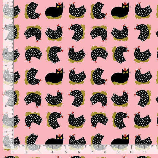 Nest Impawster Conch Fabric | Bok Bok Meow by Leezaworks for Dear Stella | Cat Chicken Fabric | Pink Quilting Cotton