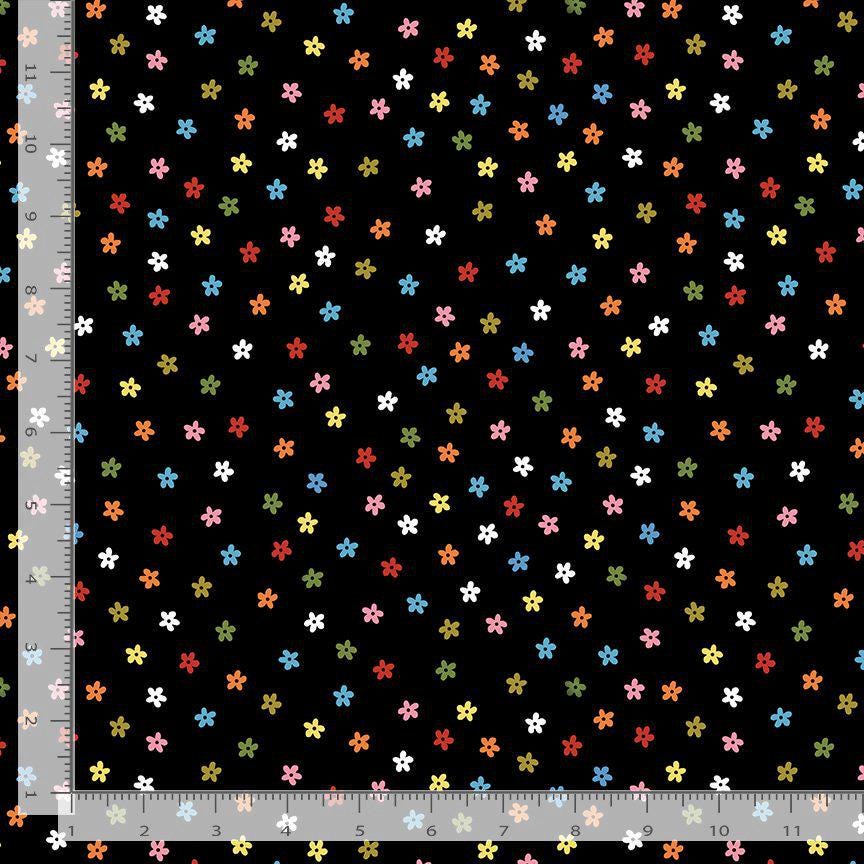 Petal Pawty Jet Fabric | Bok Bok Meow by Leezaworks for Dear Stella | Tiny Floral Black Fabric | Colorful Quilting Cotton