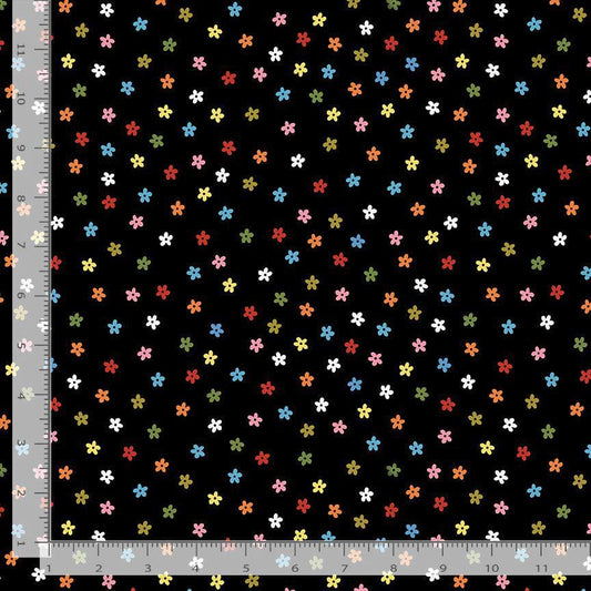 Petal Pawty Jet Fabric | Bok Bok Meow by Leezaworks for Dear Stella | Tiny Floral Black Fabric | Colorful Quilting Cotton