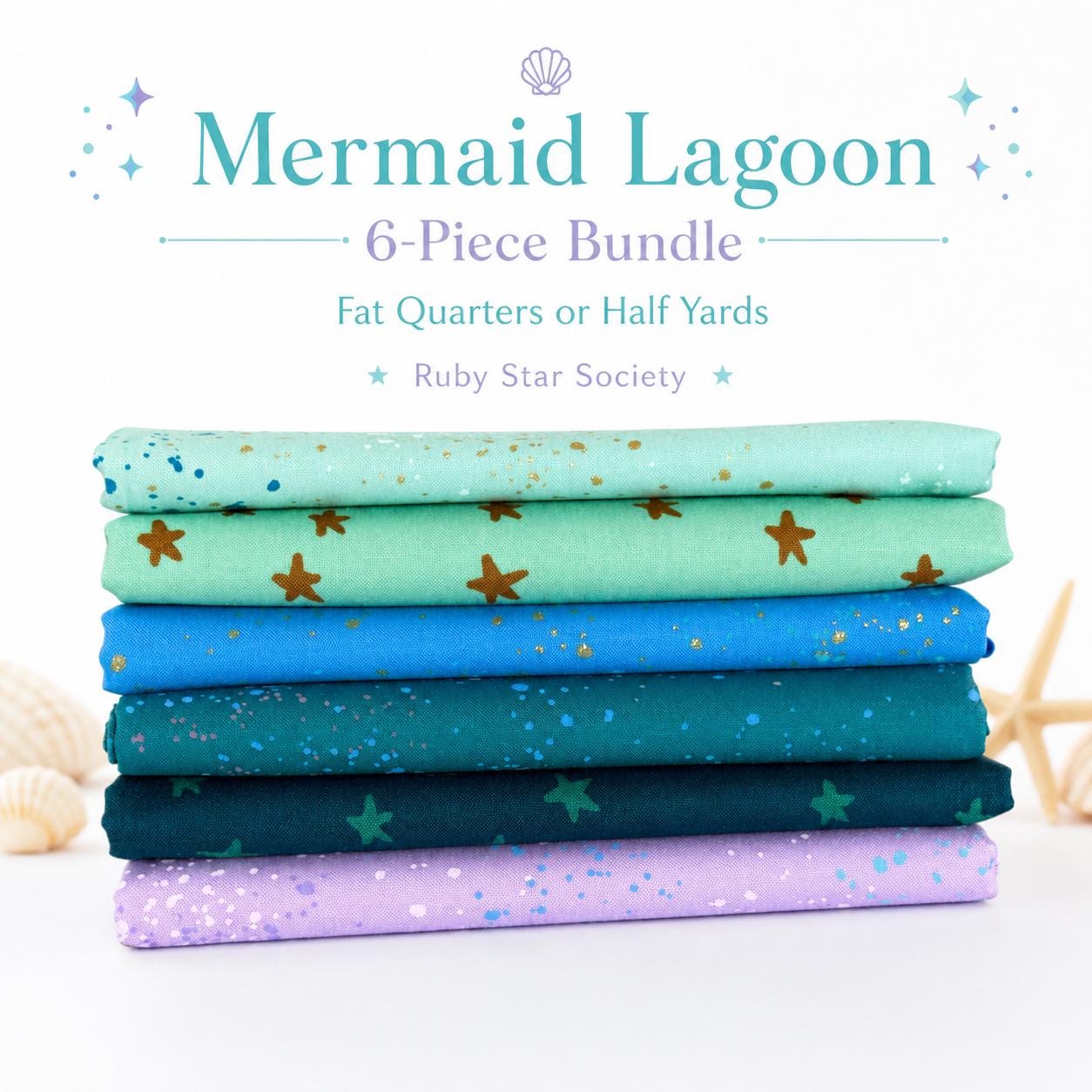 Mermaid Lagoon Fabric Bundle, 6 Piece Ruby Star Society Starry & Speckled, Mint Teal Blue Lavender, Fat Quarter or Half Yard