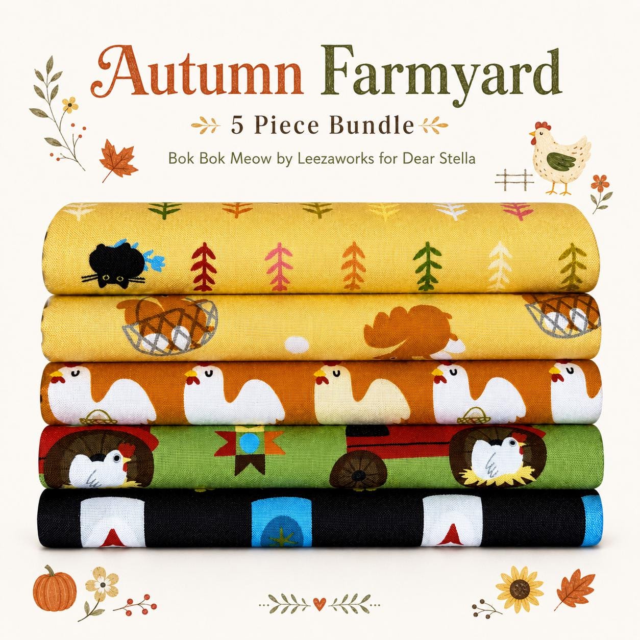Autumn Farmyard Fabric Bundle | Bok Bok Meow by Leezaworks for Dear Stella | 5 Piece Fall Farm Quilting Cotton Bundle