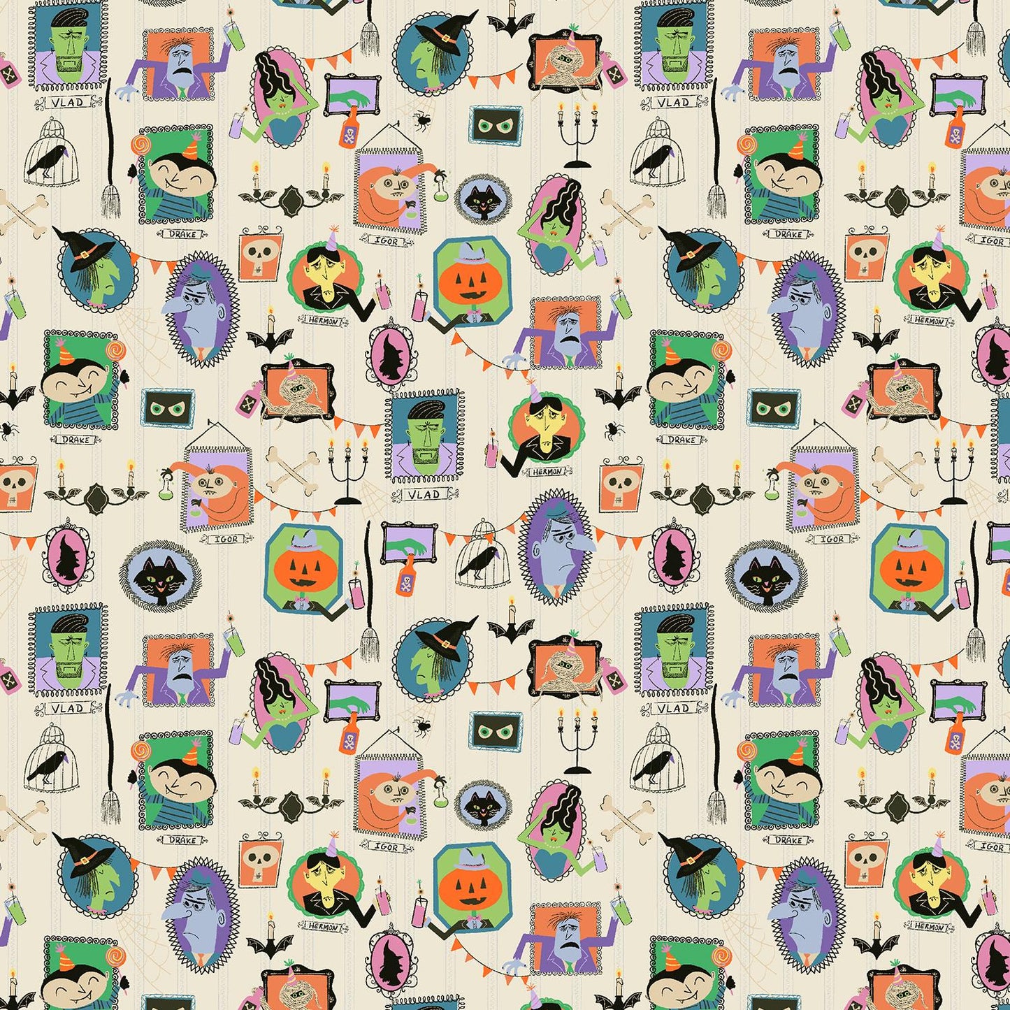 Monster Block Party Fabric by Meadow Street for Cotton + Steel | Portrait Gallery Bone White MA101-BW1 | Halloween Cotton