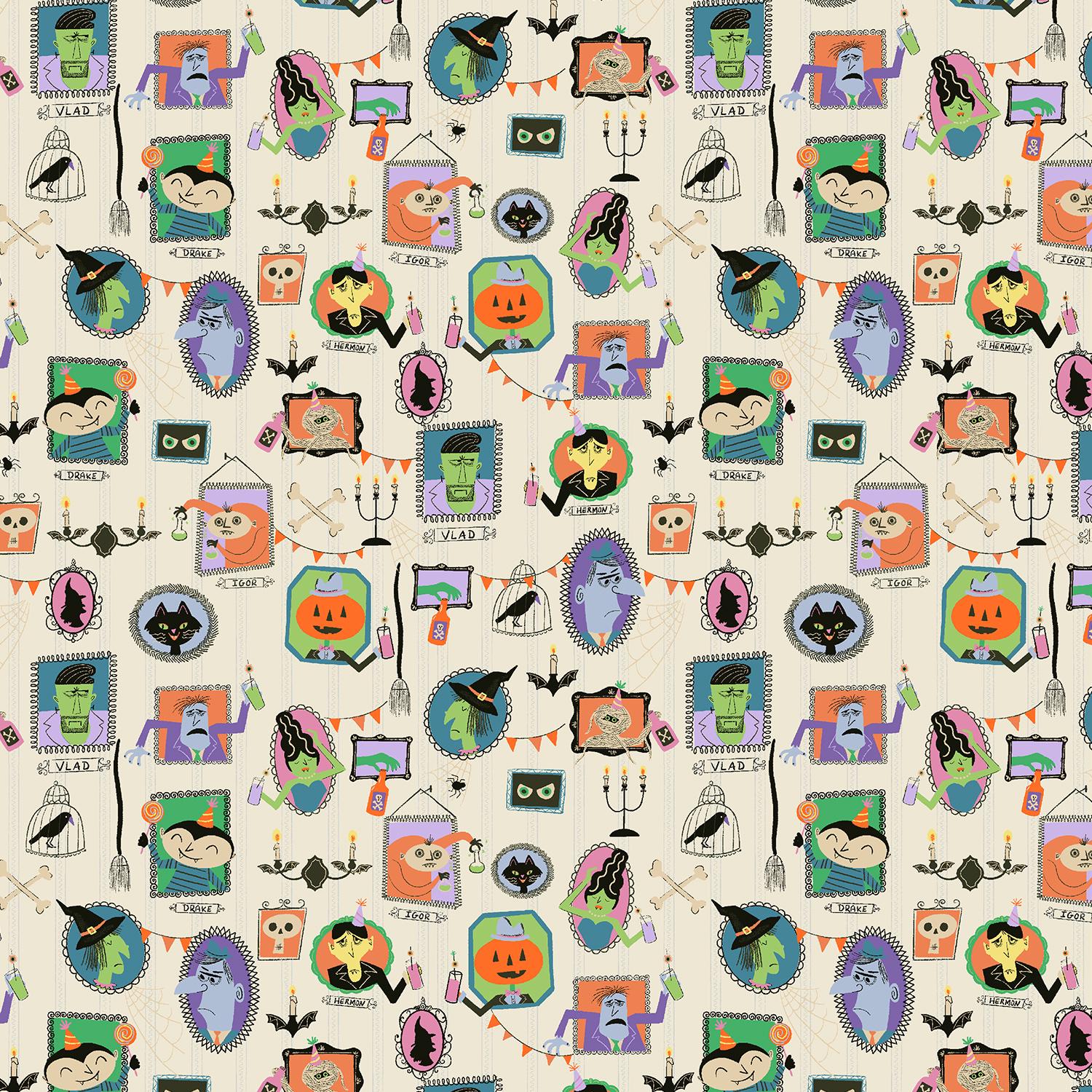 Monster Block Party Fabric by Meadow Street for Cotton + Steel | Portrait Gallery Bone White MA101-BW1 | Halloween Cotton