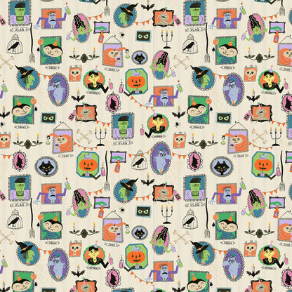 Monster Block Party Fabric by Meadow Street for Cotton + Steel | Portrait Gallery Bone White MA101-BW1 | Halloween Cotton