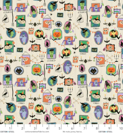 Monster Block Party Fabric by Meadow Street for Cotton + Steel | Portrait Gallery Bone White MA101-BW1 | Halloween Cotton