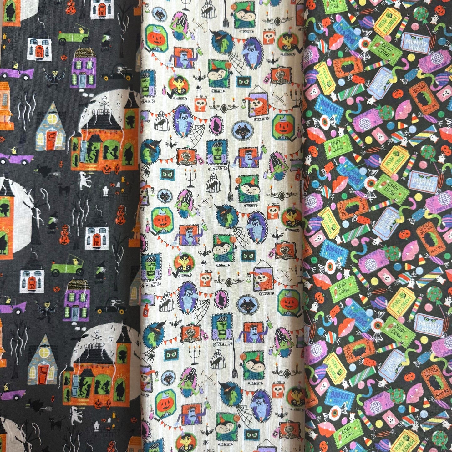 Frights on the Block Halloween Fabric Bundle | Monster Block Party by Meadow Street | 3-Piece Cotton + Steel | FQ or Half Yard