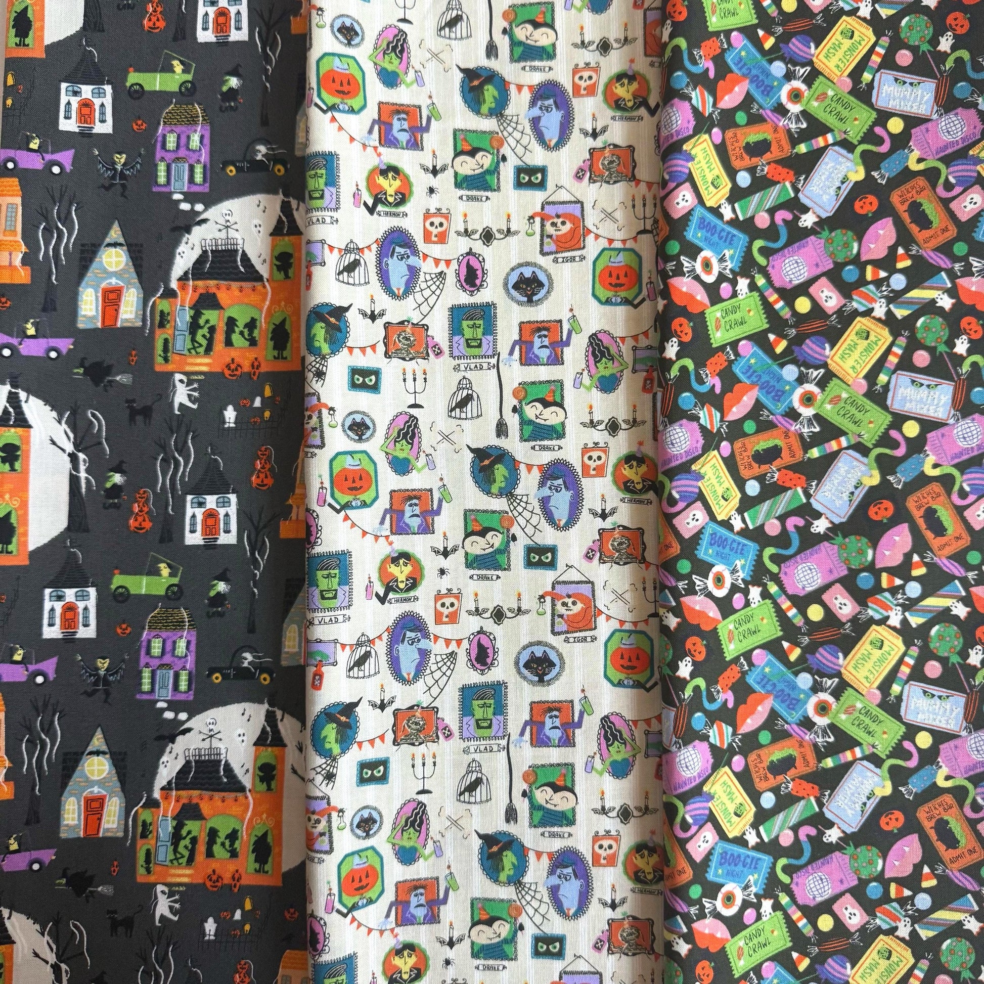 Frights on the Block Halloween Fabric Bundle | Monster Block Party by Meadow Street | 3-Piece Cotton + Steel | FQ or Half Yard