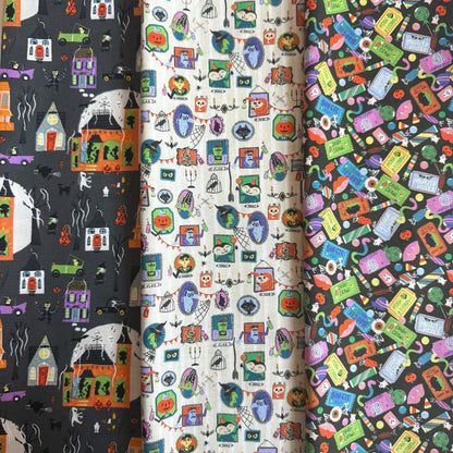 Frights on the Block Halloween Fabric Bundle | Monster Block Party by Meadow Street | 3-Piece Cotton + Steel | FQ or Half Yard
