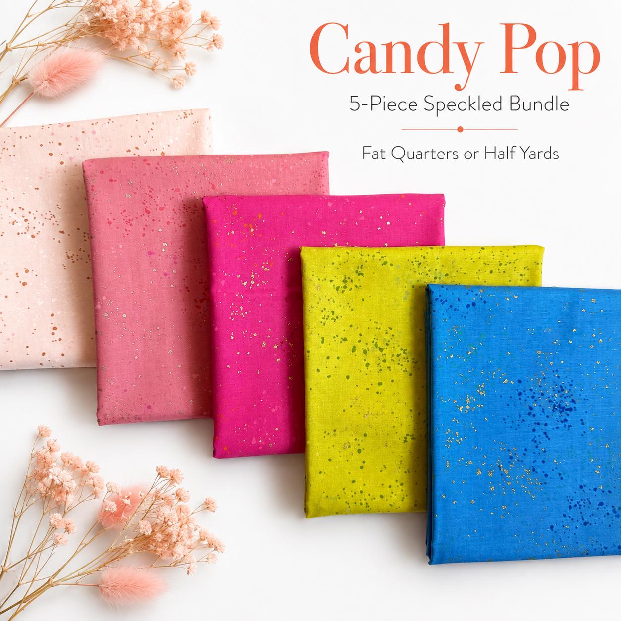 Candy Pop Speckled Fabric Bundle by Ruby Star Society, 5 Piece Fat Quarter or Half Yard Bundle, Bright Pink Blue Citron Quilting Cotton
