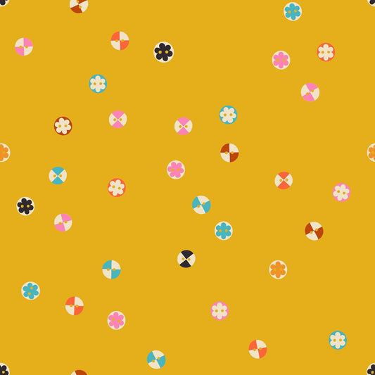 1-800-NOTION Buttons Goldenrod Fabric by Ruby Star Society | RS5208 13 | Sewing Notions Novelty Quilting Cotton