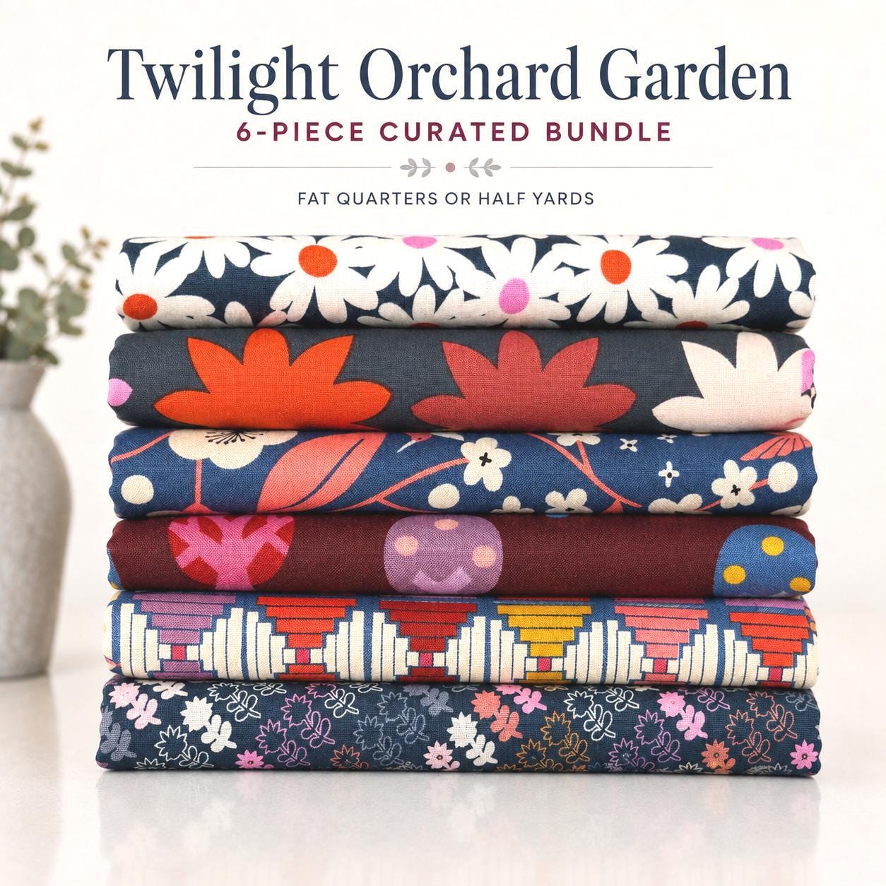 Twilight Orchard Garden Fabric Bundle, 6 Piece Fat Quarter or Half Yard Set, Navy Floral and Cranberry Quilting Cotton