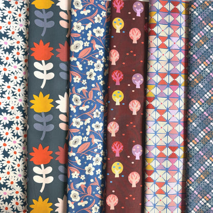 Twilight Orchard Garden Fabric Bundle, 6 Piece Fat Quarter or Half Yard Set, Navy Floral and Cranberry Quilting Cotton
