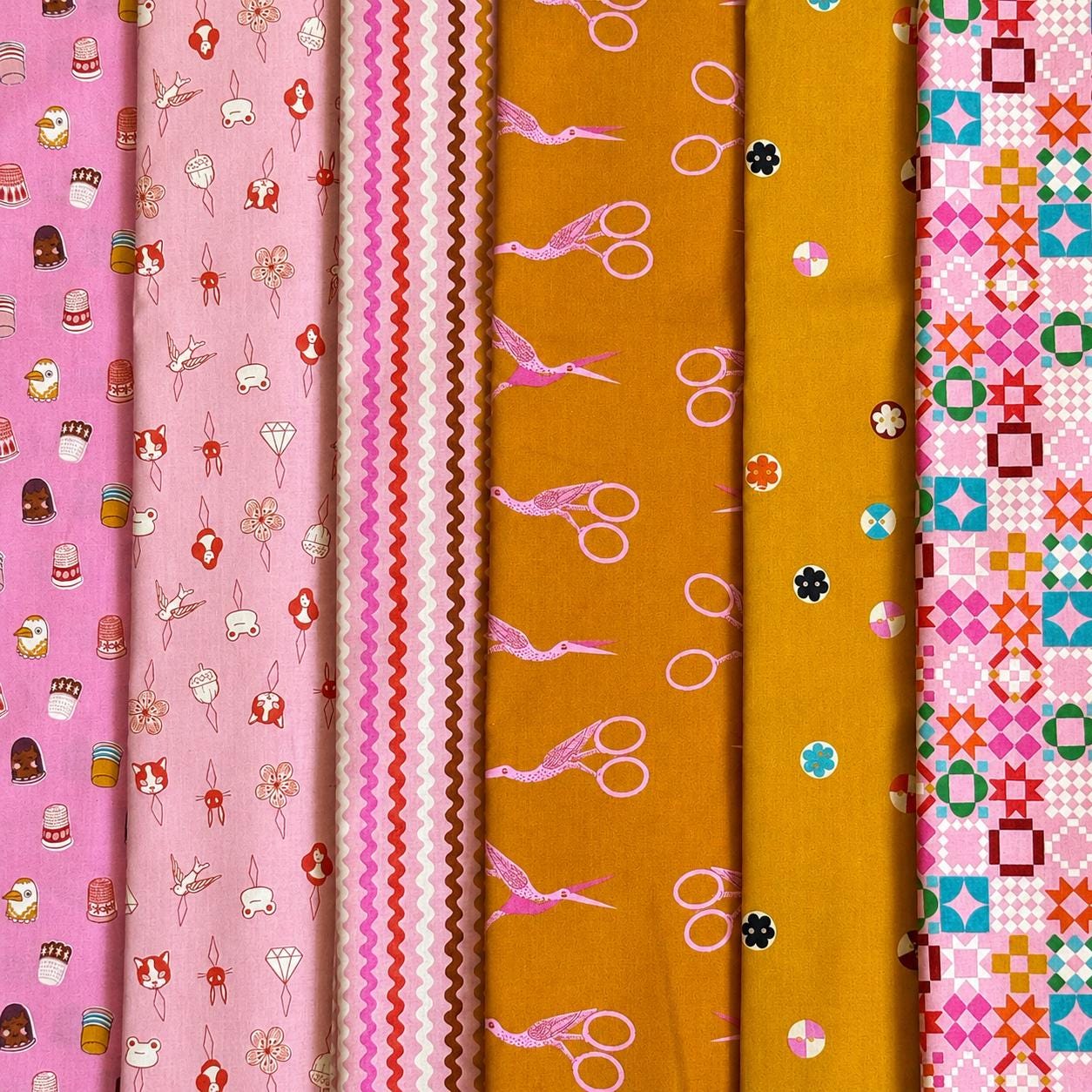 Pink Sewing Box Fabric Bundle | 1-800-NOTION by Ruby Star Society | 6 Piece Pink Sewing & Quilting Cotton Bundle
