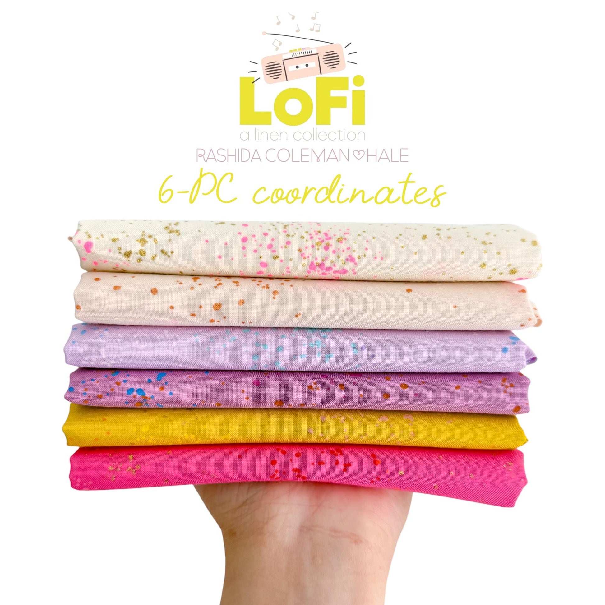 LoFi Glow Speckled Coordinates Fabric Bundle | Ruby Star Society | 6 Piece Pink Yellow Lavender Metallic Quilting Cotton Bundle