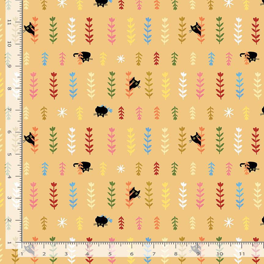 Seedlings Amber Fabric | Bok Bok Meow by Leezaworks for Dear Stella | Cat Floral Cotton Fabric | STELLA-DLW3696 Amber