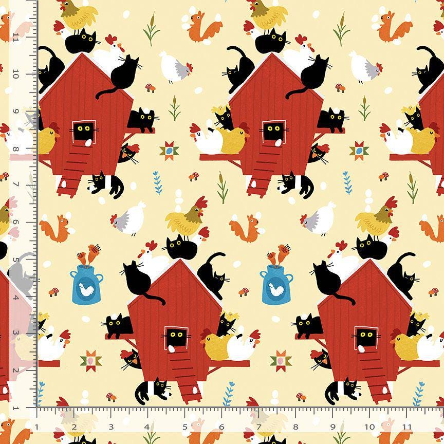 Cats in the Coop Lemon Fabric | Bok Bok Meow by Leezaworks for Dear Stella | Cat Chicken Fabric | STELLA-DLW3698 Lemon