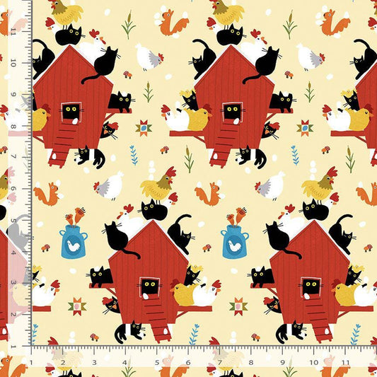 Cats in the Coop Lemon Fabric | Bok Bok Meow by Leezaworks for Dear Stella | Cat Chicken Fabric | STELLA-DLW3698 Lemon