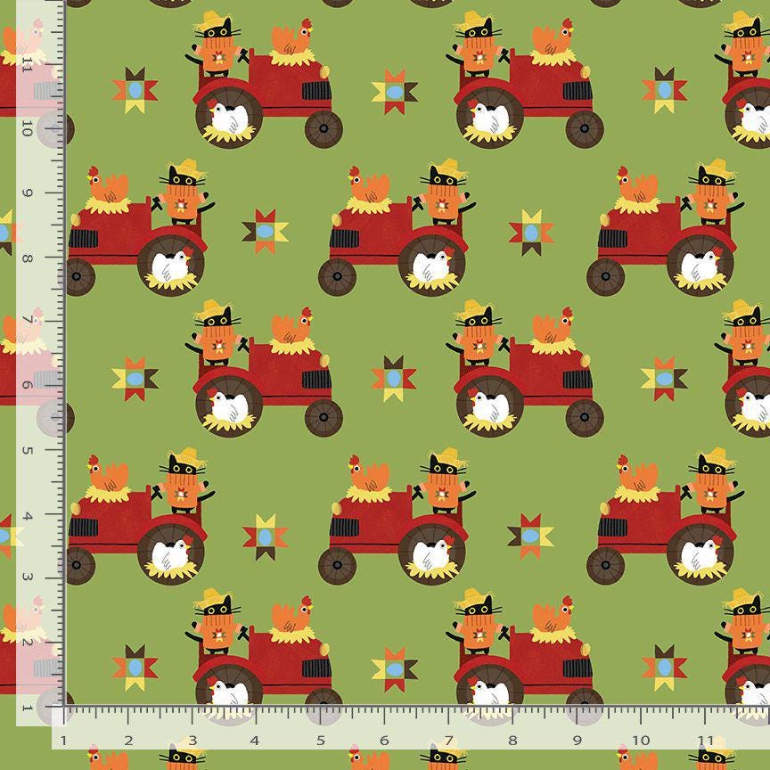 Bok Bok Meow Fern Fabric | Leezaworks for Dear Stella | Cat Tractor Chicken Fabric | Farm Novelty Cotton | STELLA-DLW3694 Fern
