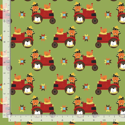 Bok Bok Meow Fern Fabric | Leezaworks for Dear Stella | Cat Tractor Chicken Fabric | Farm Novelty Cotton | STELLA-DLW3694 Fern