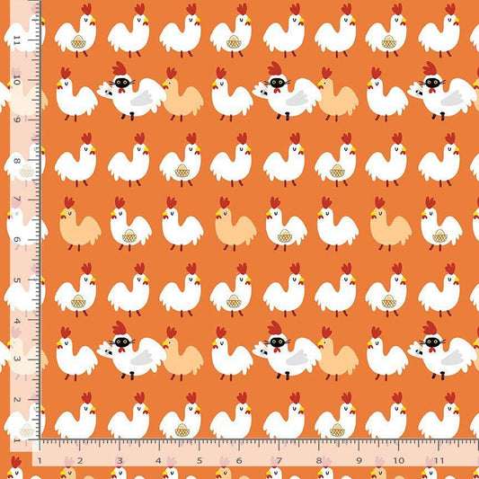 Chicken Run Carrot Fabric | Bok Bok Meow by Leezaworks for Dear Stella | Chicken Cat Fabric | Orange Quilting Cotton