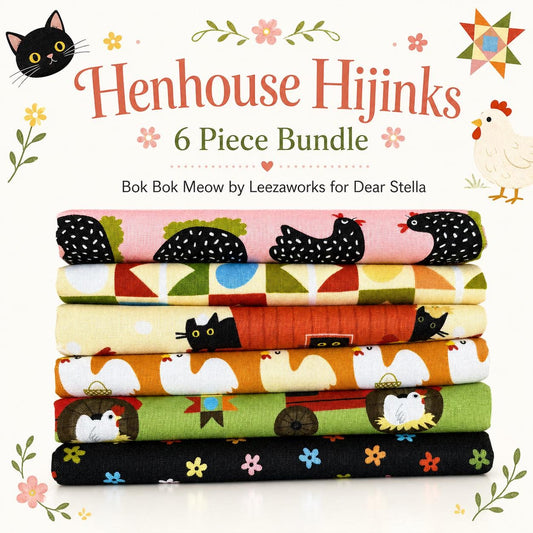 Henhouse Hijinks Fabric Bundle | Bok Bok Meow by Leezaworks for Dear Stella | 6 Piece Cat Chicken Farm Fabric Bundle