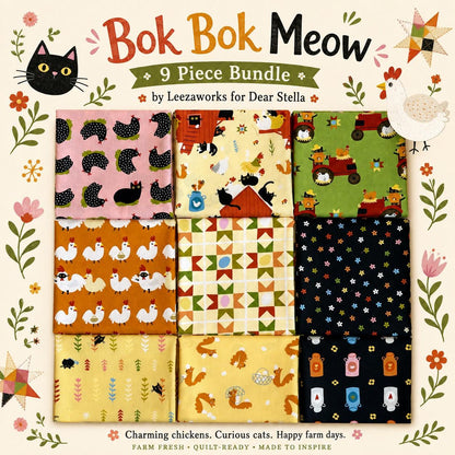 Bok Bok Meow Fabric Bundle by Leezaworks for Dear Stella | 9 Piece Cat Chicken Farm Quilting Cotton Bundle