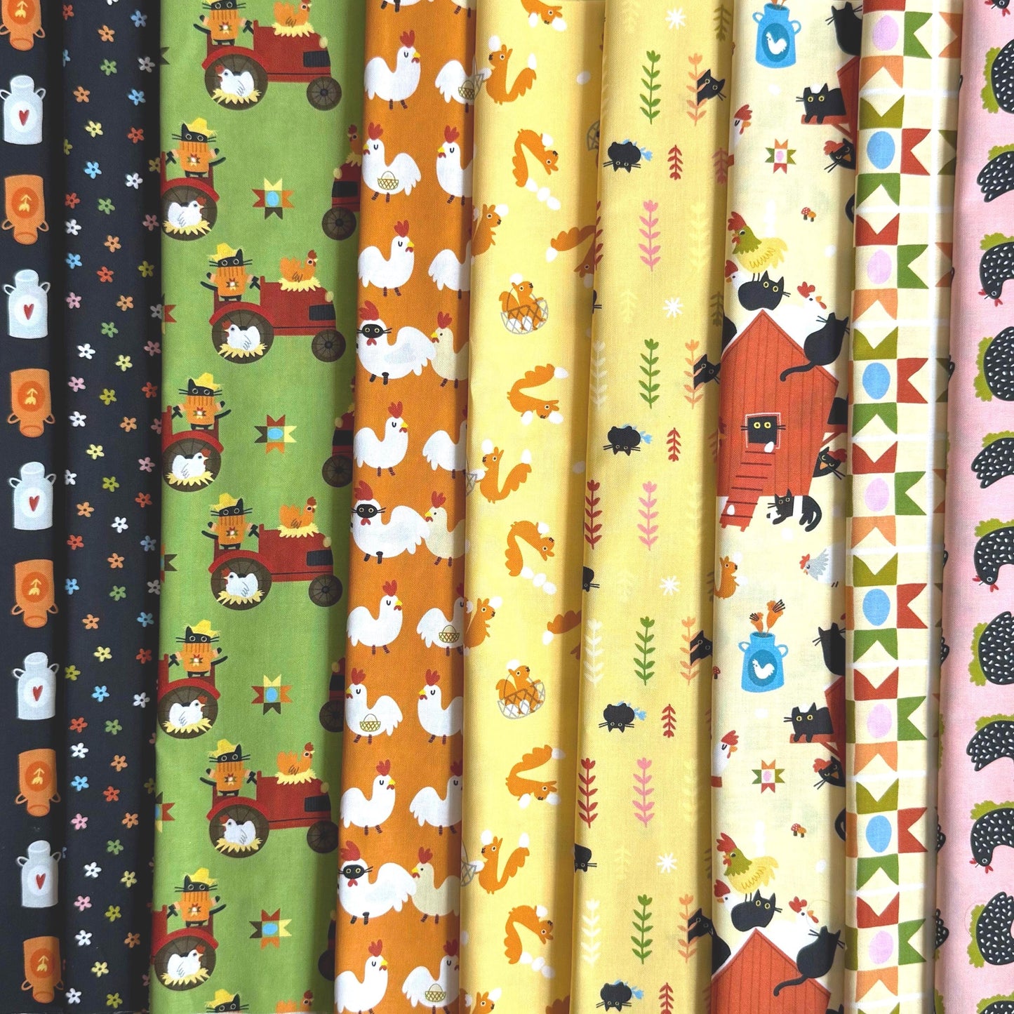 Bok Bok Meow Fabric Bundle by Leezaworks for Dear Stella | 9 Piece Cat Chicken Farm Quilting Cotton Bundle