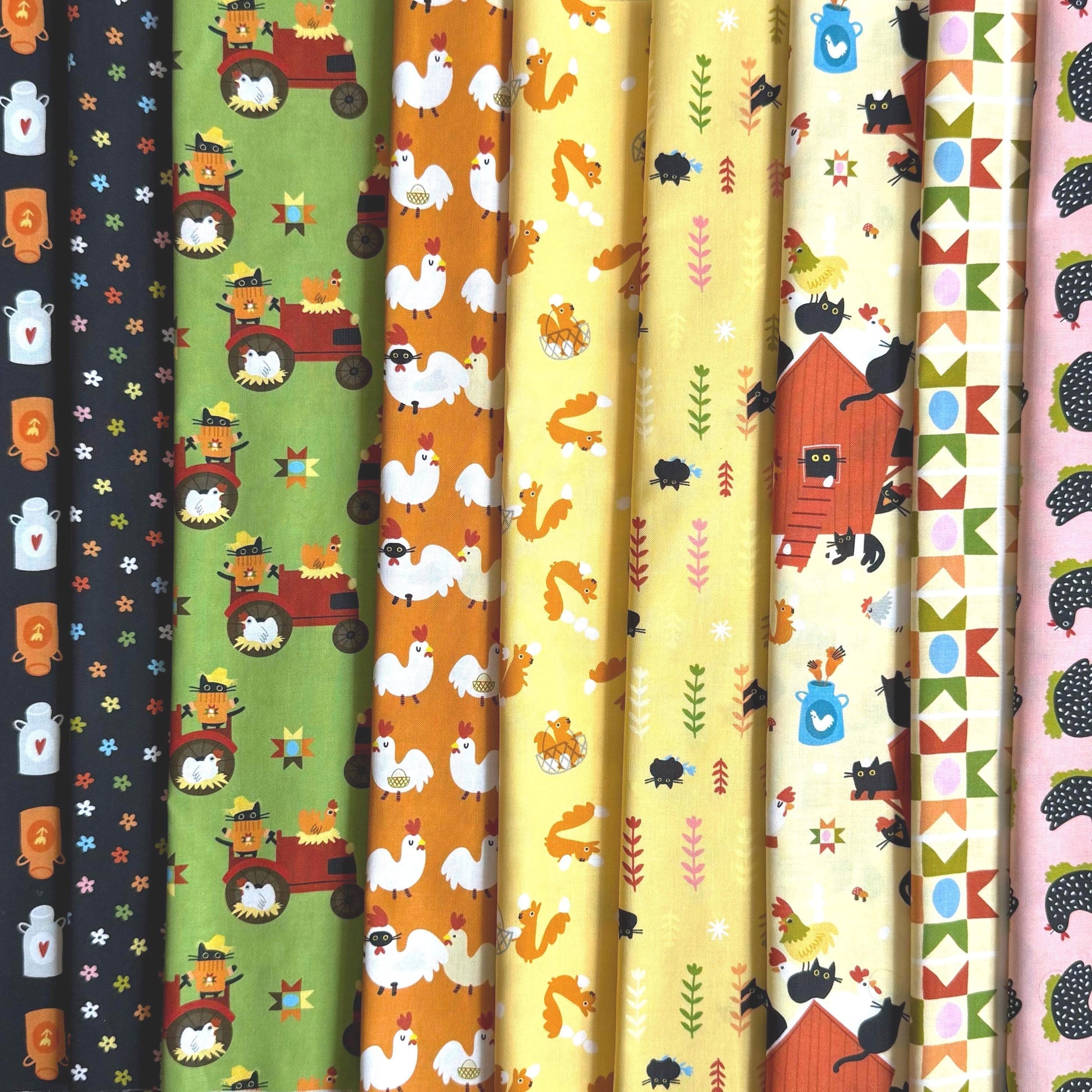 Bok Bok Meow Fabric Bundle by Leezaworks for Dear Stella | 9 Piece Cat Chicken Farm Quilting Cotton Bundle