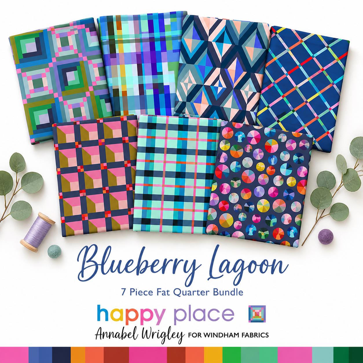 Blueberry Lagoon Fat Quarter Bundle | Happy Place Annabel Wrigley | 7 Piece Blue Aqua Windham Fabric Bundle