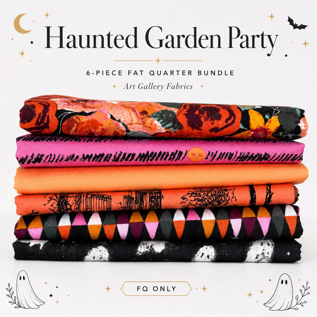 Haunted Garden Party Halloween Fabric Bundle | 6 Piece Art Gallery Fabrics Fat Quarter Bundle | Pink Orange Black Witchy Fabric