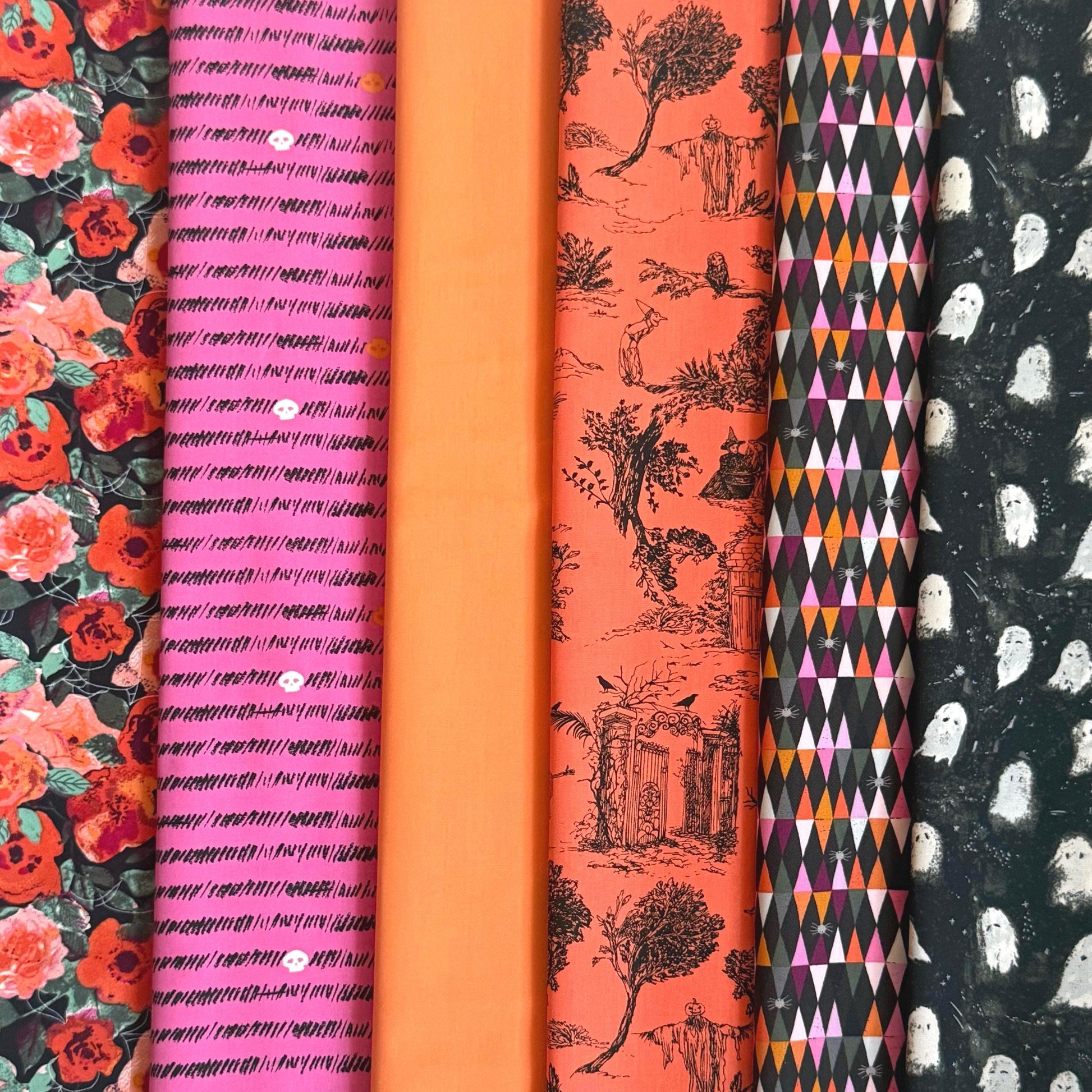 Haunted Garden Party Halloween Fabric Bundle | 6 Piece Art Gallery Fabrics Fat Quarter Bundle | Pink Orange Black Witchy Fabric