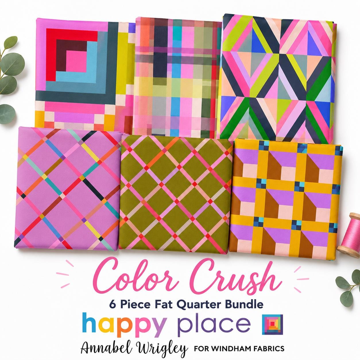 Color Crush Fat Quarter Bundle | Happy Place Annabel Wrigley | 6 Piece Rainbow Colorful Windham Fabric Bundle